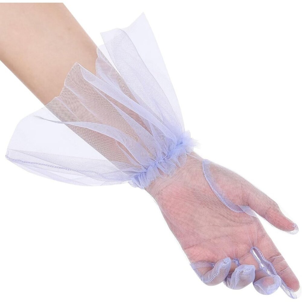 Women's Puffy Ruffle Lavender Tulle Sheer Mesh Party Prom One Size Short Gloves - Picture 3 of 7